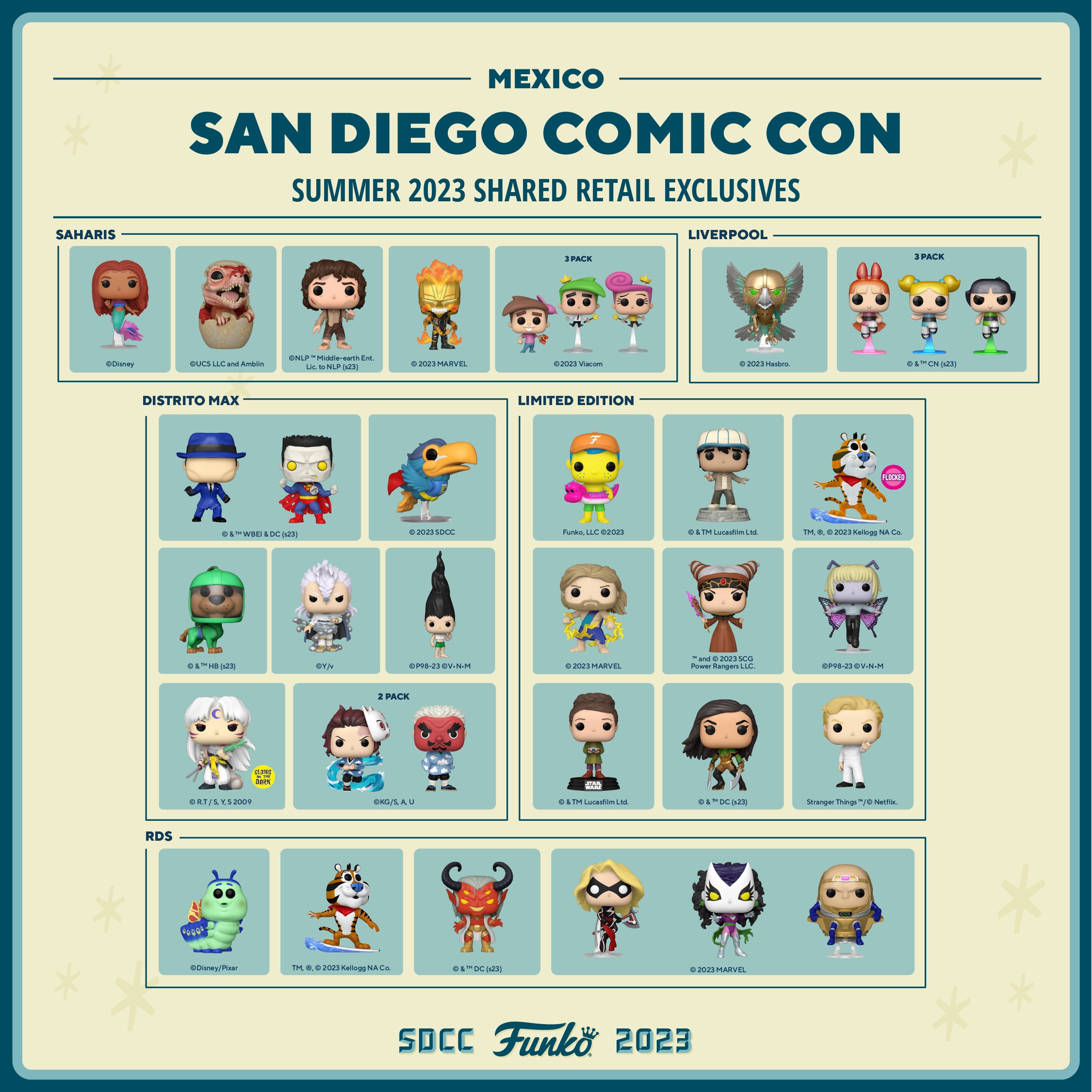 This just in from the Funkoville Visitor's Center, here is the 2023 SDCC Shared Retailer Guide for Mexico!